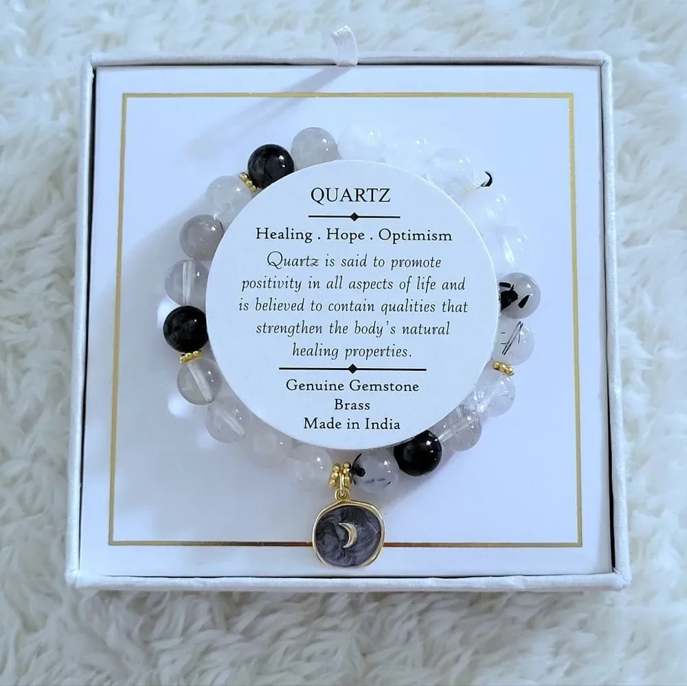 Shivam Mixed Quartz Stretch Bracelet with Crescent Moon🌙 Charm - NIB